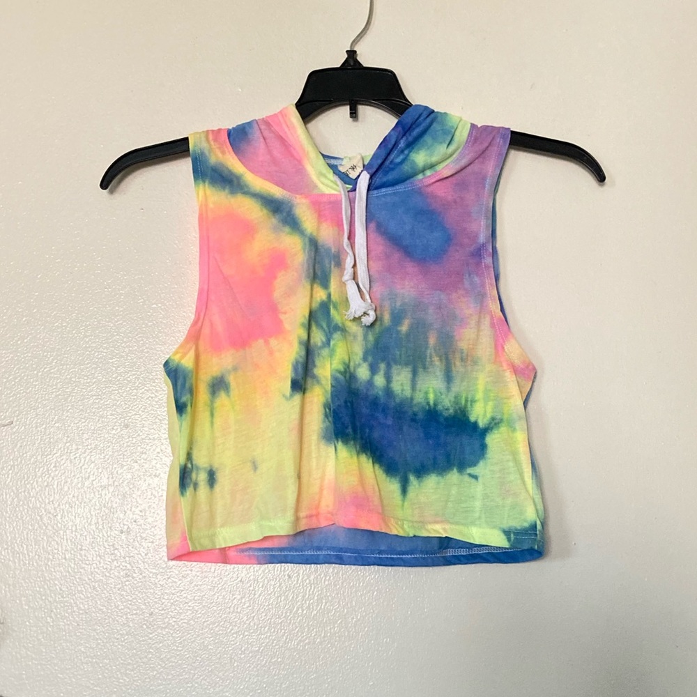 *BRAND NEW* Shein Neon Rainbow Tie-Dye Sleeveless Cropped Hoodie Adjustable Top